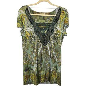 One World Blouse Women's Size Large Flutter Cap Sleeves Peacock lace Green